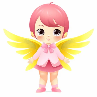 A cute [baby girl] dressed in pink] standing upright with [yellow canary] wings stretched out on both sides. Clipart. Clean crisp illustration on white background, ultra minimistic