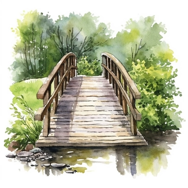 watercolour, wooden bridge over creek, summer, detailed, clipart white background