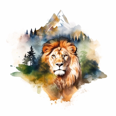 watercolor style, lion with the mountain forest in the back clipart, isolated on white background, hd