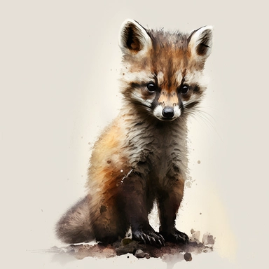 Woodland Animal Clipart Watercolor, cute, lovely, happy, funny, friendly full body furry brown grey baby Marten, emotive eyes, intense gaze, looking straight, white background, no plants, no grass, nursery clipart