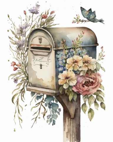 watercolor clipart in the style trending on Etsy. old mail box. flowers.