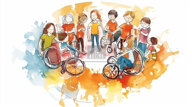 a group of children's friends in circle with arm, wrist, arm braces, wristband, knee brace, two on a wheel chair, arm clip, stock vector, clip art, free clip art, clipart, in the style of storybook-esque, joan eardley, e. h. shepard, multiculturalism, animated gifs, working-class empathy, multi-coloured minimalism