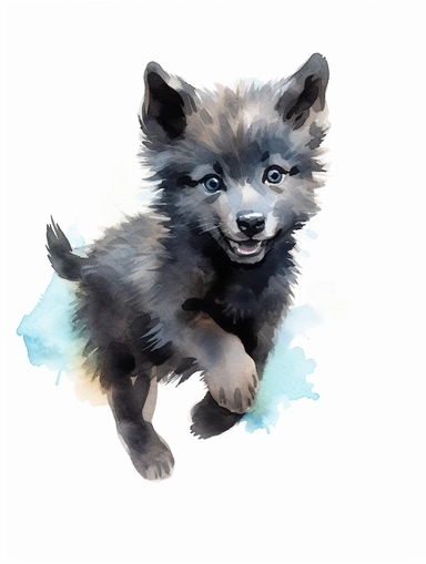 cute happy black wolf cub running, pastel watercolor, clipart, solid background