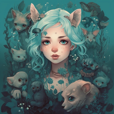 a girl with turquoise hair and animal companions, in the style of moody tonalism, lush and detailed, artgerm, childlike innocence, made of vines, dark cyan, greens and blue and light beige, gary baseman, clipart, flat backgroumd