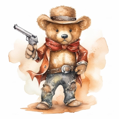A cute watercolor clipart of a teddy bear dressed in Wild West cowboy attire, with a hat, boots, and a bandana around its neck. The bear has a confident stance and a revolver in its holster