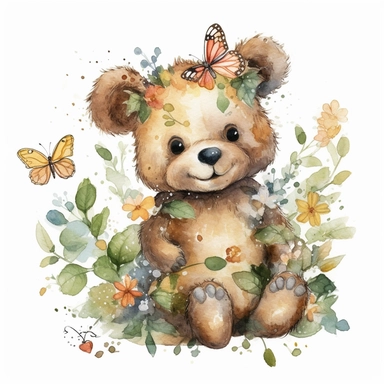 a moving Teddy bear with cute big eyes, happy smiling face, cute animal, adorable, playful atitude, adorable watercolor animal clipart with a few plant and flowers decor, no background, high quality very sharp with clear focus