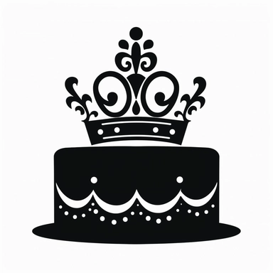 birthday cake with princess crown on, it decal simple cutout clipart, black silhouette,
