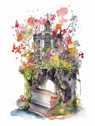 Watercolor clipart with white background, open book, magical fantasy kingdom, secret garden, flat design, clearly defined, high quality clipart