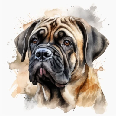 cute English Mastiff dog portrait, full face, centered shot, side shot, dynamically posed, in action, playful mood, happy mood, playing mood, cute face, adorable smile, childlike eyes, clean watercolor illustration, white background, nursery baby imagery, painting, detailed, 8k, PNG, clipart,