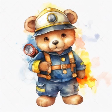 watercolor clipart white background moving living standing blue cartoon firefighter bear birthday in toy firefighter