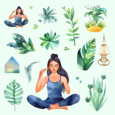 a set of high quality hand painted magical themed watercolour Yoga transparent clipart which includes illustrations of exercising women, fresh green plants, mindful lifestyle elements and others, modernistic design, fun mood, stylish, magazine style ad, ultra high quality. 8K