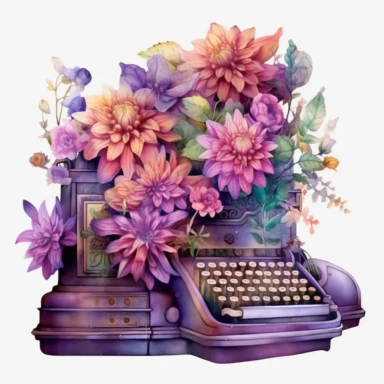 a watercolor enchanted old and used 1900 cash register profil view, enchanted collector's item surrounded by an arrangement of a number of dramatic extravagant saturated digital purple 3D dahlias, in the style of large-scale photography, lush detailing, watercolor style, pastel colors, playfully intricate, made of flowers, bloomcore, clipart, transparent png background