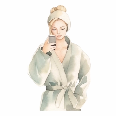 a feminine minimal watercolor sticker of a woman taking a selfie in a bathrobe. Watercolor. Clipart. Neutral color palette. White background. Artistic illustration. Minimal. Texture Paper. Hand-drawn.