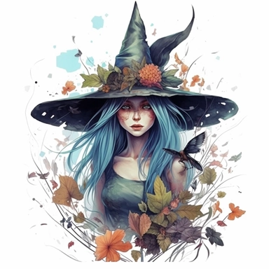 clipart, a spring witch with hat splattered on, angled view,artist yuumei style, vivid realism, mixes realistic and fantastical elements,junglecore, animals and people, splatter painting,no background, different poses