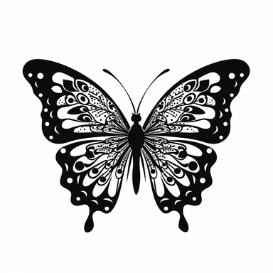 butterfly black silhouette with white highlights on white background, flat svg clipart style, high quality, details