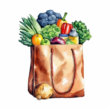 watercolor detailed illustration of Grocery bag with a variety of groceries peeking out, clipart, white background