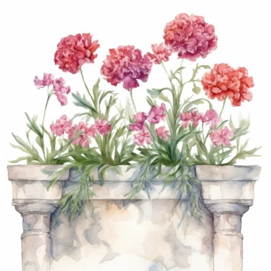 Design a watercolor clipart vignette of carnation flowers blooming along a stone wall, using the Michelangelo-inspired Watercolor Haven style on a white background. Highlight the delicate arrangement of carnation flowers, their leaves, and accompanying foliage, perfect for adding a touch of charm and warmth to various designs.