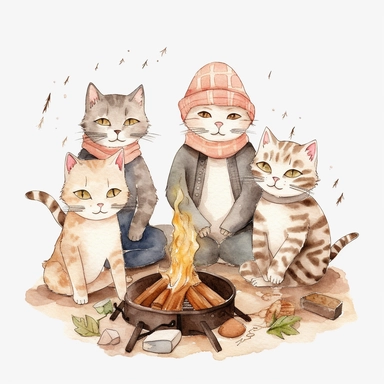 Watercolor group of friends three four people camping bbq cat smile png Full body realistic cartoon 32k UHD cute. 15 cm thick outline. Black color. There was no shadow on the ground. with realistic watercolors and detailed illustrations. Cartoon, PNG clipart, transparent white background
