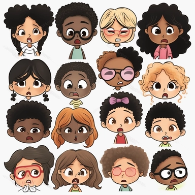 assorted feelings and emotions clipart, black and white, multi-ethnic children, facial expressions, cute, children's style art