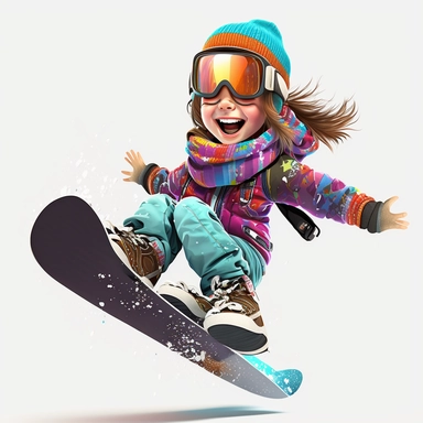 cute young girl snowboarding , smiling, full body, downhill snowboard clipart, Sport graphics, 16k polished, Octane Render, Photograph, Extremely detailed, by Canon r3 85 mm 2.8 lens, isolated on white background