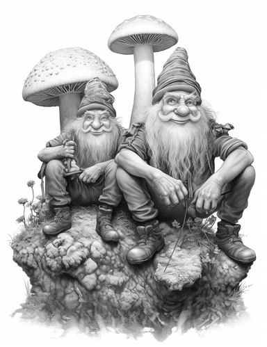 light gray and bubbles, two humanoid gnomes are sitting on a huge mushroom, highly detailed clipart, hdr, 32K, photo expert quality, greatest for coloring realistic, hyperrealistic and highly detailed, coloring book pages, isolated on a white background