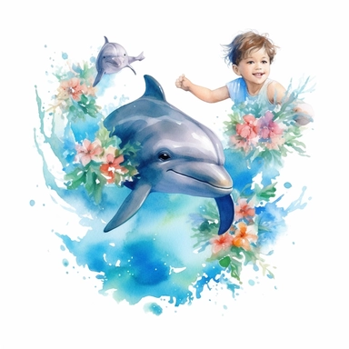 watercolor boys and girls swimming with dolphins, roses clipart on white background