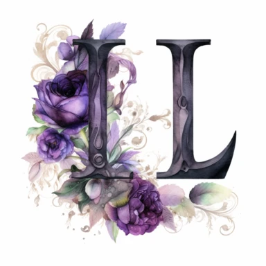 ultra beautiful Victorian vintage black alphabet letter L, decorated with goth black and purple roses, water colour illustration, clipart, white background