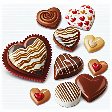 Valentine chocolate candy clipart, vector, on white background, heart shape cookies, hyper realistic, super detailed, photorealistic