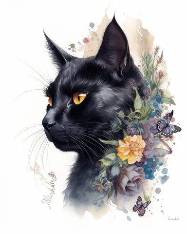 Watercolor Painting of black Bombay cat head on white background good anatomy, DETAILED ILLUSTRATION, Flora Design Patterns, Flemish Baroque by Rachel Ruysch, Behance, Rococo, Intricate Detailed, Soft Light Effect, Oil Paint Strokes, Light Academia Aesthetic Flowers, Lighting cinematic, all shown shimmering stamens, tyndall light, texture, colorful, 8k, fantasy, ray tracing, vivid, spectacular lighting, octane rendering, highly detailed, ultra - realistic, white background, clipart