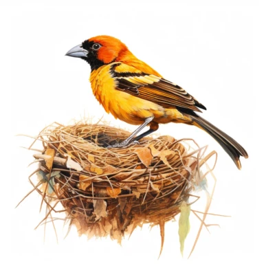 Sociable weaver, building a large nest, vibrant colors, clipart, on a white background.