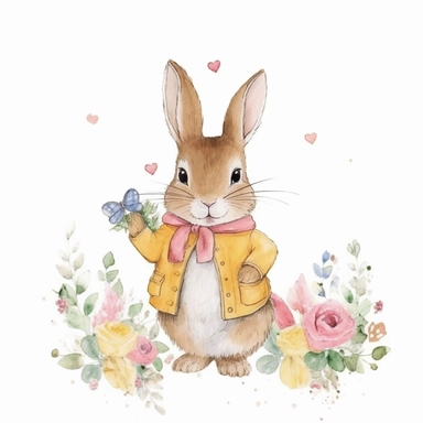 Watercolor svg clipart of a cute cartoon adorable Peter rabbit kawaii animal, illustration by Beatrix potter , pastel yellow jacket with yellow flowers, png isolated on white background