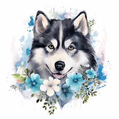 watercolor funny create kawaii marbled black ,silver, teal, chibi Alaskan Malamute with blue eyes forgetmenot flowers with babysbreath clipart, isolated on white background,space out--ar3:2--s1000