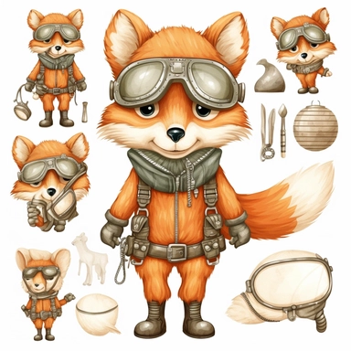 Wood Animals, Pilot Clipart, Aviator Clipart, cute sweet Fox Illustrations