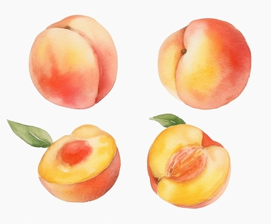 watercolor four Peach fruits clipart, flat style, no volume, few details, washed out, minimalistic style, very lose details, very light colors, transparent colors, light airy hues and pastel tones, spaced out, white background, washed out colors and paint, hand-painted watercolor, watercolor spray, watercolor splash, splatters and paint smudges on top of each Peach, watercolor paper with visible rough paper texture, a variety of watercolor brushes, do not cross workspace borders, rough watercolo