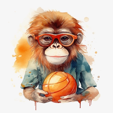 Ape baby with sunglasses during a basketball dunkin, clipart, watercolor, anime