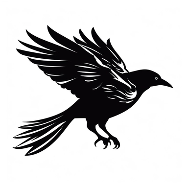 black and white silhouette of a flying halloween bird, clipart style, white background, thick lines, vector, simple design, flat colour, solid colour