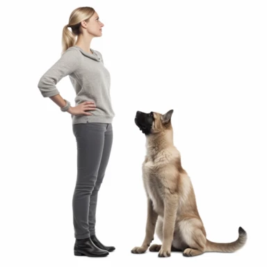 a woman is standing while holding a kitten, a dog is sitting in front of her and looking at her clipart, hyper realistic, high definition, white background