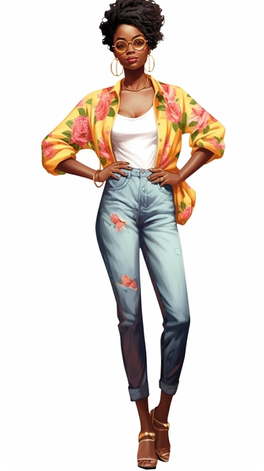 ultra detailed Black Girl Self Love Clipart, solid white background, cozy outfit, beautiful, super cute , super hot, full body shot, self love, peaceful, watercolor, floral, relaxed pose, with win glass, thick , contour, PHOTOREALISM, by ANIMATION