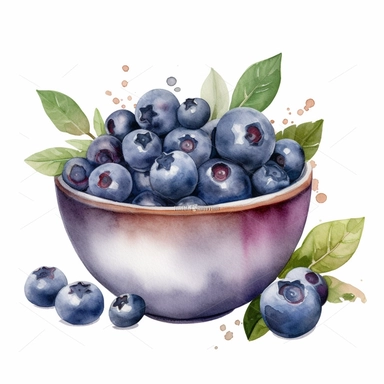 watercolor clipart of bowl with blueberries, presented in a flatlay style with a top-side view on a clean white background. bowl should be filled with a visually appealing arrangement of one ingredient, showcasing their vibrant colors and textures. The watercolor style should bring out the essence of each ingredient while retaining a harmonious overall composition. The clean white background should provide a pristine backdrop, enhancing the visibility and focus on the bowl and their contents. Om