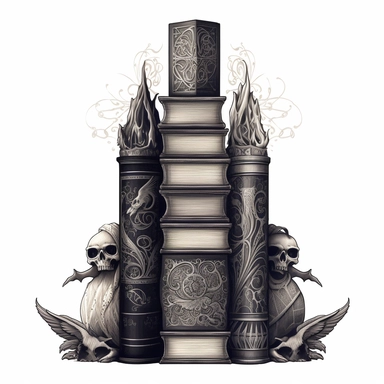 Create an impressive clipart of a clean, dark wizard's book stack on a pure white background. The design should incorporate elements of the gothic and fantasy genres, with dark hues and ornate designs on the books' spines. The lighting should be moody and shadowy, with a focus on the intricate details of the books' covers. The book stack should be perfectly symmetrical to create a sense of order and balance. Use a macro lens to capture the intricate details of the books' designs and play with th