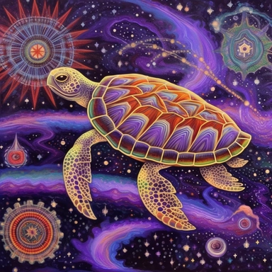 A oil painting of a turtle clipart with a surreal and fantastical design, floating in a starry sky with planets and comets. The turtle has a large body, a long neck, four wings, and a spiral tail. only four legs. Its shell is covered with intricate patterns and symbols in glowing colors. The background is a dark purple sky, creating a contrast with the turtle’s luminous appearance. The painting has a magical and mysterious style, with an imaginative use of elements and colors. The perspective is