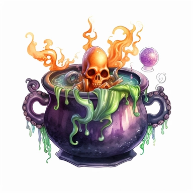 hand drawn black cauldron with bubbling potion, large bone in the cauldron, an octopus tentacle coming out of cauldron and hanging on the side, Halloween, purple orange and green shades, fantasy, glamorous, clipart style, detailed and realistic, watercolor, white background with margins