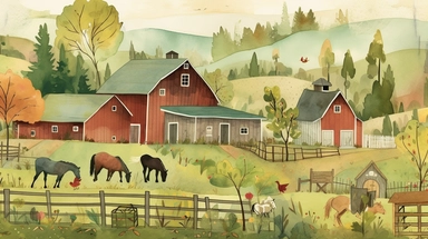 in clipart style, pen and ink, minimalist, in the style of Eric Carle, As you walk through the farm, you pass rows of bright green vegetables and vibrant fruit trees, each one ripe for the picking. The barn nearby houses a group of horses, their whinnies filling the air as they playfully gallop around their stalls.