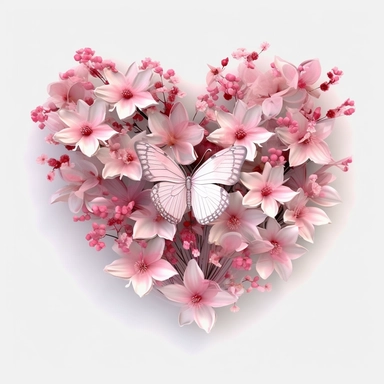 3D exceptionally beautiful pink flowers and butterflies in 3D, heart shaped, clipart, white background