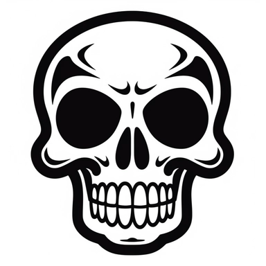black and white silhouette of a friendly cartoon skull, clipart style, white background, thick lines, vector, simple design, flat colour, solid colour