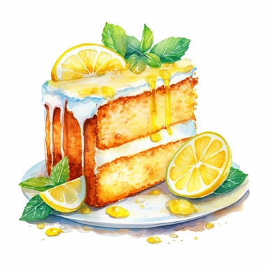 Indulge in the mouthwatering delight of watercolor lemon cake clipart. This delectable artwork captures the essence of a freshly baked lemon cake, adorned with zesty lemon slices and a dusting of powdered sugar. The vibrant colors and textured brushstrokes bring out the tempting layers and tangy flavor. Perfect for adding a touch of sweetness to your designs or culinary-themed projects.