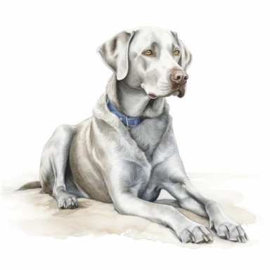 Hand drawn silver Labrador, at the beach, very detailed and realistic, watercolor, white background with margins, clipart style