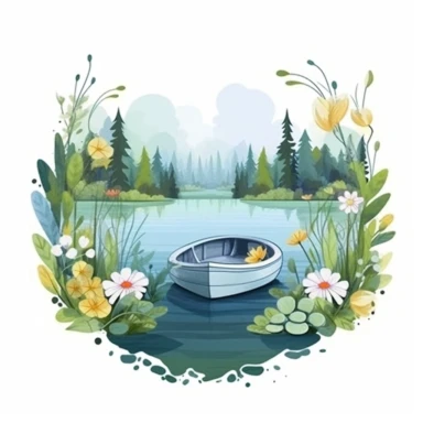 Clipart, isolated on white background, beautiful cuteboat by the lake , forest woodland nature landscape scenery, plants and flowers, ornated, pastel colors