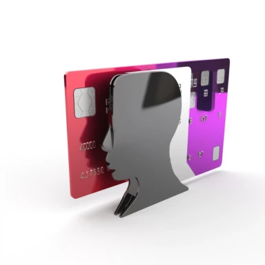 3d model of metallic user icon, card with information of user, black+red+silver+purple, clipart, white background