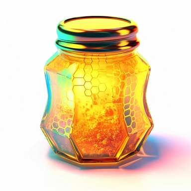a clipart of a honey jar with a honeycomb attached to the side. You can show honey dripping from the comb into the jar, white background, holographic, futuristic, transparent details, chromatic aberration, colorized, diffraction grading , 4k, 8k, highly detailed, neon pastel color palette, retrofuturpunk, scattering, black and white balance, editorial photography, moody lighting, shaders, looks like professional hdr photography in fashion magazine, lumen reflections
